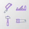 Set line Hand saw, Hammer, Wood plane tool and Hacksaw icon. Vector