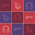 Set line Hand saw, Headphones and Electric circular icon. Vector