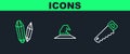 Set line Hand saw, Magic stone and Witch hat icon. Vector Royalty Free Stock Photo