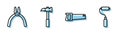 Set line Hand saw, Pliers tool, Claw hammer and Paint roller brush icon. Vector. Royalty Free Stock Photo