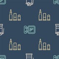 Set line Hand smoke grenade, Bullet and Hunting shop weapon on seamless pattern. Vector
