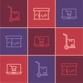 Set line Hand truck and boxes, Shopping cart on screen laptop and Market store icon. Vector