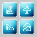 Set line Handbag, Plane, Woman shoe and Cheese icon. Vector