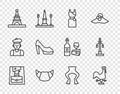 Set line Handbag, Rooster weather vane, Woman dress, Croissant, Eiffel tower, shoe, Frog legs and Street light icon Royalty Free Stock Photo