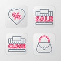 Set line Handbag, Shopping building text closed, sale and Discount percent tag heart icon. Vector Royalty Free Stock Photo