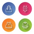 Set line Handbag, Swimsuit, Undershirt and Hoodie. Color circle button. Vector