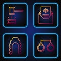 Set line Handcuffs, Judge wig, Judge gavel and Subpoena. Gradient color icons. Vector