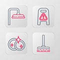 Set line Handle broom, Washing dishes, Wet floor cleaning progress and Shower head icon. Vector Royalty Free Stock Photo