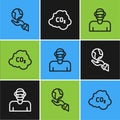 Set line Hands holding Earth globe, Face protective mask and CO2 emissions cloud icon. Vector