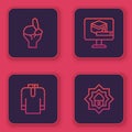 Set line Hands in praying position, Shirt kurta, Kaaba mosque and Muslim Mosque. Blue square button. Vector