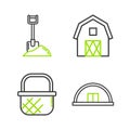 Set line Hangar, Shopping basket, Farm House concept and Shovel the ground icon. Vector