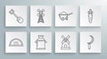 Set line Hangar, Windmill, Can container for milk, Sickle, Wheelbarrow with dirt, Carrot and Shovel icon. Vector