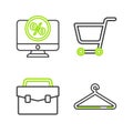 Set line Hanger wardrobe, Briefcase, Shopping cart and Percent discount and monitor icon. Vector