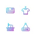 Set line Hanging sign with Closed, Electronic scales for product, Credit card and T-shirt. Gradient color icons. Vector