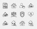 Set line Hanging sign with Open house, House percant, Realtor, Search, contract, Sold, dollar and heart shape icon Royalty Free Stock Photo