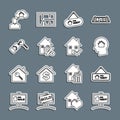 Set line Hanging sign with For Rent, Man dreaming about buying house, House percant, key, and check mark icon. Vector Royalty Free Stock Photo