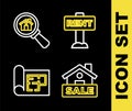 Set line Hanging sign with Rent, Sale, House plan and Search house icon. Vector