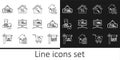 Set line Hanging sign with Sold, For Rent, House key, Sale, Realtor, Open house, and percant icon. Vector Royalty Free Stock Photo