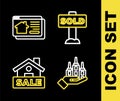 Set line Hanging sign with text Sold, Skyscraper, Sale and Online real estate house icon. Vector Royalty Free Stock Photo