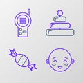 Set line Happy little boy head, Candy, Pyramid toy and Baby Monitor Walkie Talkie icon. Vector