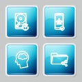 Set line Hard disk drive with clockwise, Flight mode in the mobile, Head silhouette cloud and Share folder icon. Vector