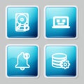 Set line Hard disk drive HDD sync refresh, Dead laptop, Bell and Setting database server icon. Vector