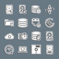 Set line Hard disk drive HDD, sync refresh, Waiting, Setting database server, Database, Delete folder, and Calendar and Royalty Free Stock Photo