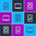 Set line Hard disk drive HDD, Washer and Laptop icon. Vector Royalty Free Stock Photo