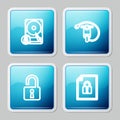 Set line Hard disk drive and lock, Electric scooter, Open padlock and Document icon. Vector