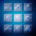 Set line Hatchback car, Train and railway, Car, Cargo ship, Scooter, Traffic light, Submarine and Helicopter icon Royalty Free Stock Photo