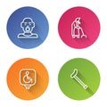 Set line Head of deaf and dumb, Grandmother, Disabled wheelchair and Walking stick cane. Color circle button. Vector