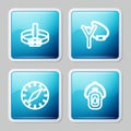 Set line Head flashlight, Slingshot, Compass and Canteen water bottle icon. Vector