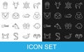 Set line Head of goat or ram, Puffer fish, Goose bird, Turtle, Owl, Cat, Paw print and Rat icon. Vector