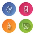 Set line Head with heart, Online dating app and chat, Champagne bottle and Like. Color circle button. Vector