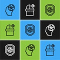 Set line Head and radiation symbol, Shield protecting from virus and Astronomical observatory icon. Vector