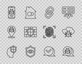 Set line Head with shield, System bug, Chain link, Shield and eye, on mobile, brick wall, Check mark speech bubble and Royalty Free Stock Photo