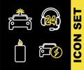 Set line Headphone for support, Electric car, Burning candle and Police flasher icon. Vector