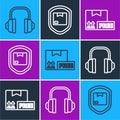 Set line Headphones, Cardboard box with free symbol and Delivery pack security with shield icon. Vector Royalty Free Stock Photo