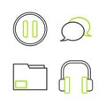Set line Headphones, Document folder, Speech bubble chat and Pause button icon. Vector