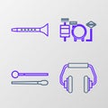 Set line Headphones, Drum sticks, Drums and Clarinet icon. Vector