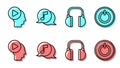 Set line Headphones, Head people with play button, Musical note in speech bubble and Power button icon. Vector