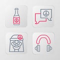 Set line Headphones, Hippie girl, Speech bubble chat and Beer bottle icon. Vector