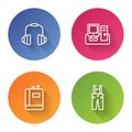 Set line Headphones, Monitor with keyboard, Book and Pants suspenders. Color circle button. Vector