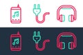 Set line Headphones, Music player and Electric plug icon. Vector