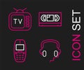 Set line Headphones, Old mobile, VHS video cassette tape and Retro tv icon. Vector