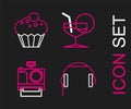 Set line Headphones, Photo camera, Martini glass and Muffin icon. Vector