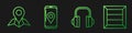 Set line Headphones, Placeholder on map paper, Mobile with app delivery tracking and Wooden box. Gradient color icons