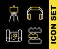 Set line Headphones, Toy building block bricks, Pirate treasure map and Wood easel icon. Vector