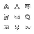 Set line Headphones, Video chat conference, Meeting, and Freelancer icon. Vector