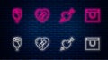 Set line Healed broken heart, Amour with and arrow, Flower rose and Shopping bag. Glowing neon icon on brick wall